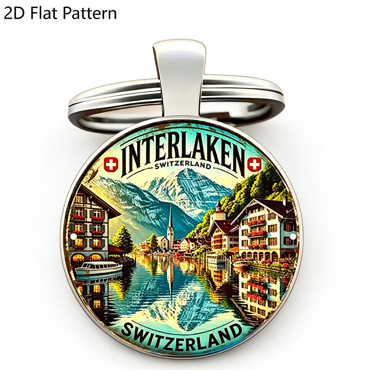 1 unidade Chaveiro Interlaken Suíça com Cúpula de Vidro Plana 2D, Design Vintage de Montanha Suíça, Lembrança de Viagem, Pingente para Carro e Mochila