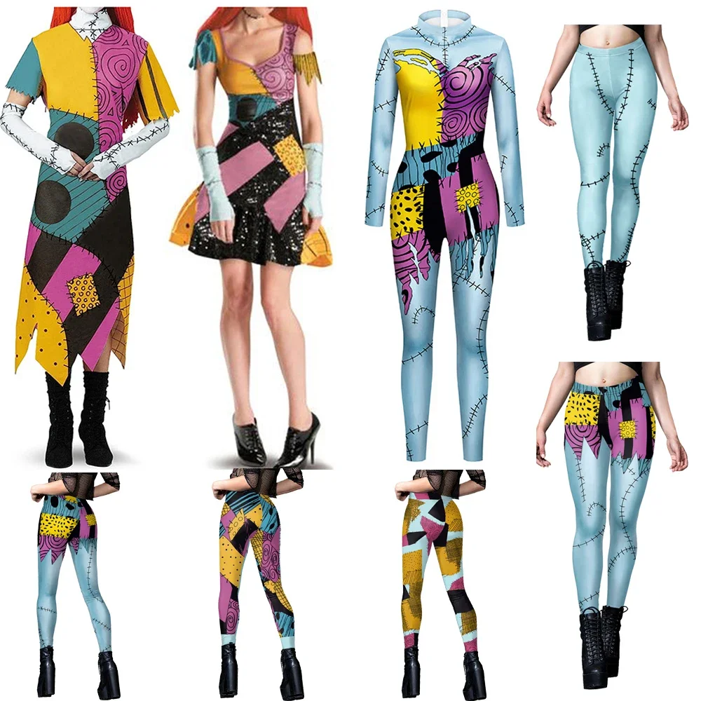 

Halloween anime movie sally cos party dress set christmas costume female skinny jumpsuit catsuit zentai bodysuit gothic leggins