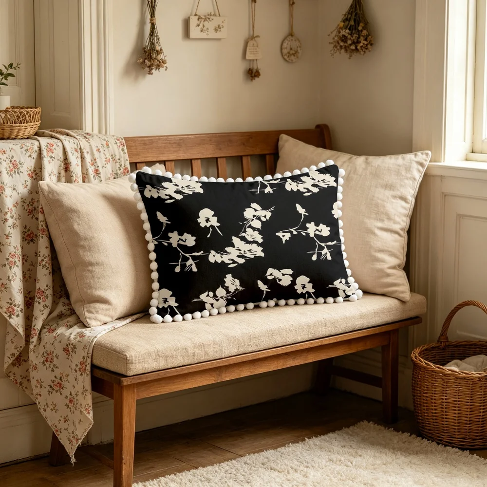 1PC Black Background with Beige Large Flowers and Branches, Modern Bold Contrast Floral Long Pillow Cover with Pom Pom Trim