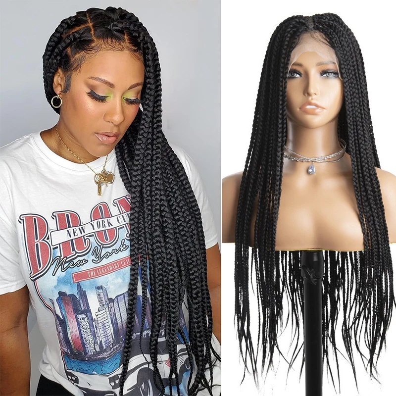 African Braids Wigs 13X4 Lace Front Braids Wig With Baby Hair Synthetic Wigs 34 Inches Black Knotless Box Braids Wig For Women