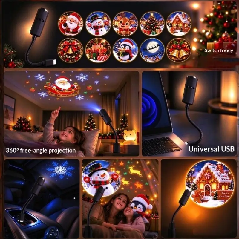 Projector Lamp USB Night Light 1 Set Switchable Pattern Creative Projection for Kids Room Home Party Holiday Decor