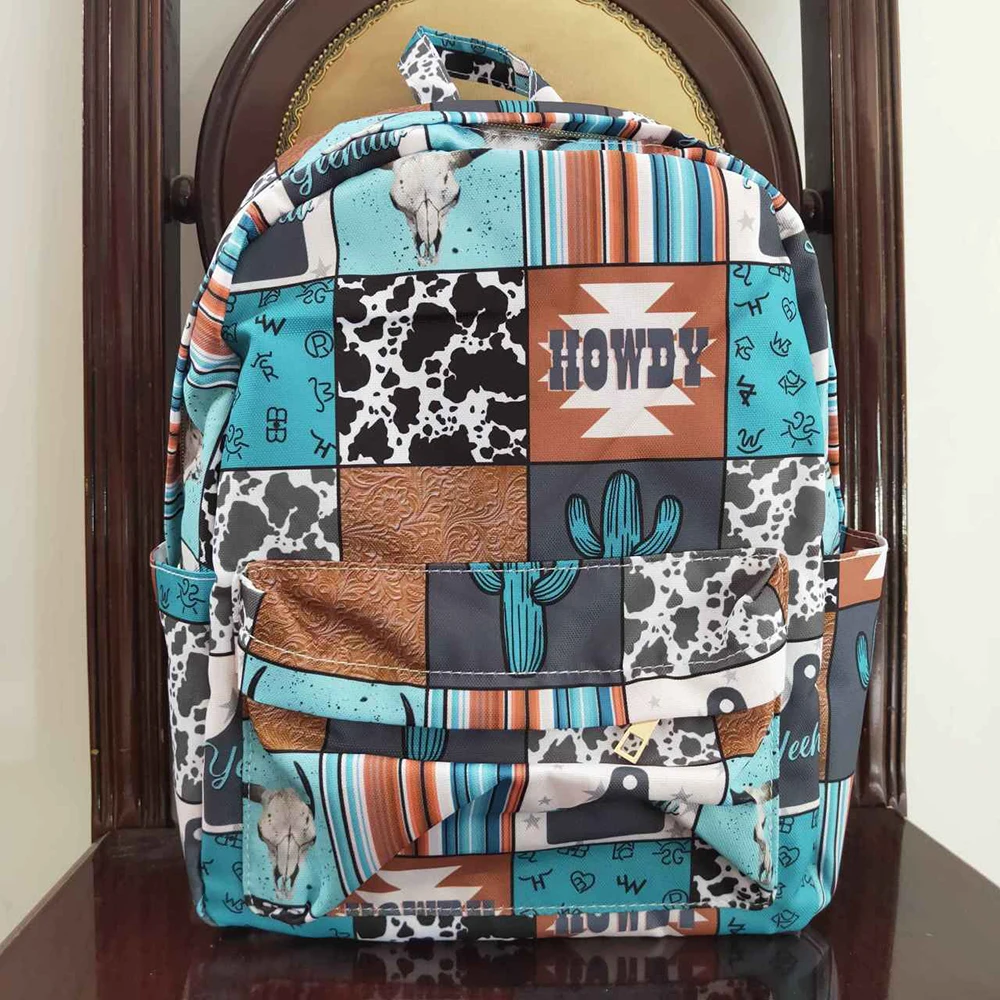 Venta al por mayor, mochila Howdy para bebés y niños, mochila para niños pequeños con estampado de vaca escolar portátil a rayas de Cactus occidental para niños al aire libre