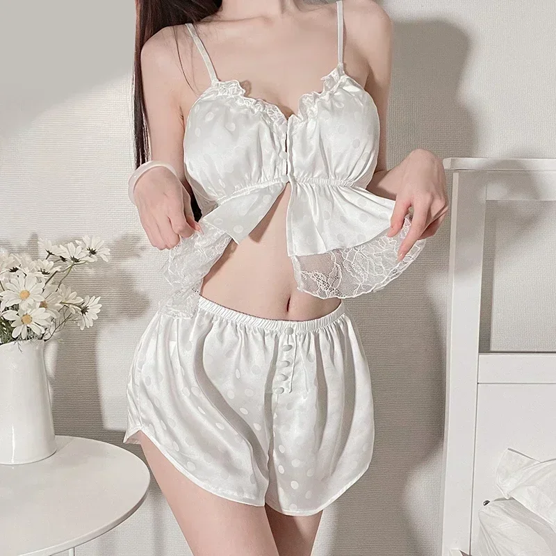 

Cute Lace Sexy Pajama Set Women's 2 Pieces Sleepwear Pyjamas Silk Satin Sling Top and Shorts Pajamas for Women Pijamas