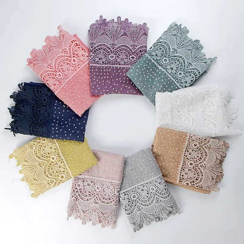 

Мусульманский хлопковый шарф с кружевными краями, простой хиджаб со стразами, мягкая шаль, вуаль, длинный платок, глушитель для женщин, 200*70 см