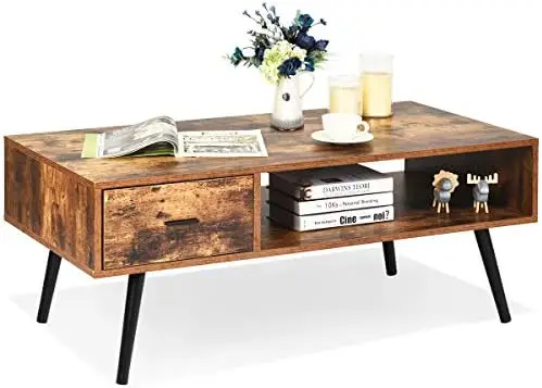 

Rectangular Coffee Table, Modern Wood Sofa Side Table w/ 1 Drawer & Shelf, Center Table w/Open Cubby, TV Stand for Living