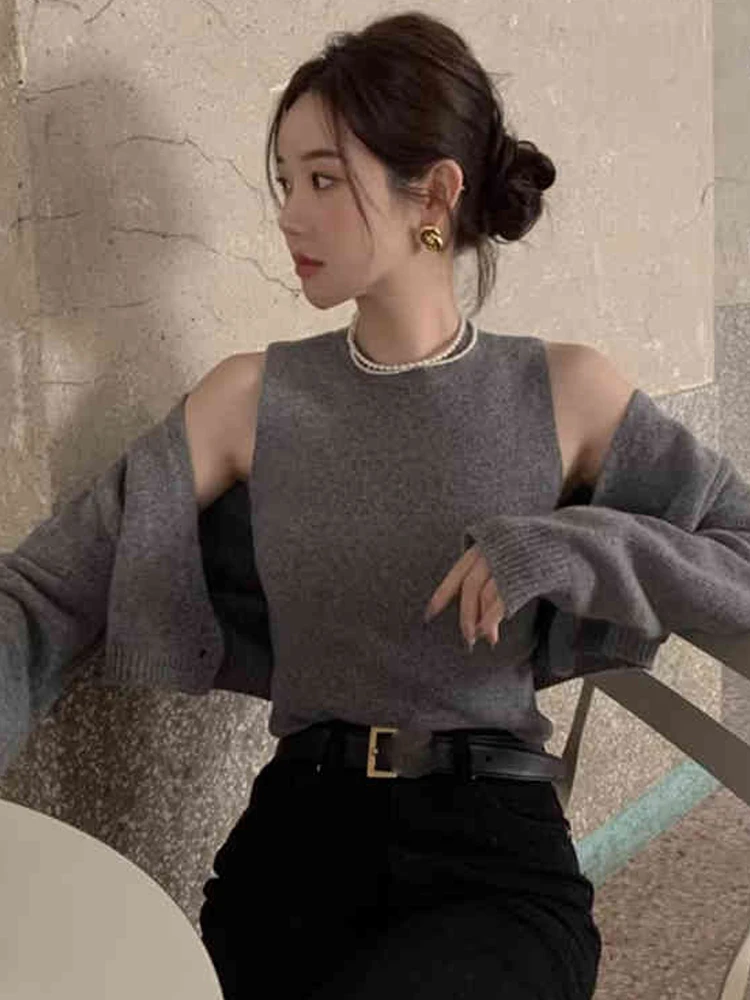 Chique gebreide trui set voor dames rond Ne Base Vest oulder Bared ort Sexy tweedelige herfst winter Faion pendelen Sle