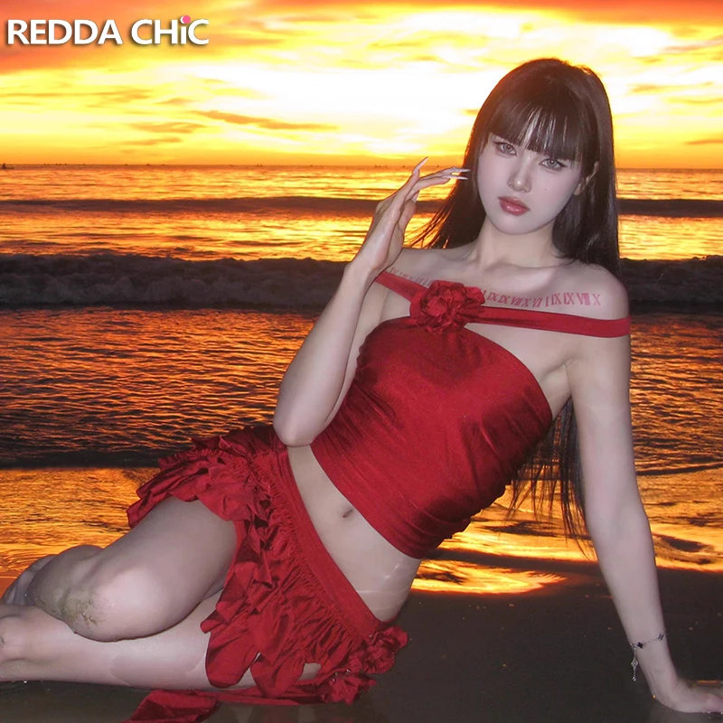 

ReddaChic Red Rose Top Triangle Brief Cover Up Women Bikini Set One Shoulder Top Ruffle Mini Skirt Beach Holiday Summer Swimwear