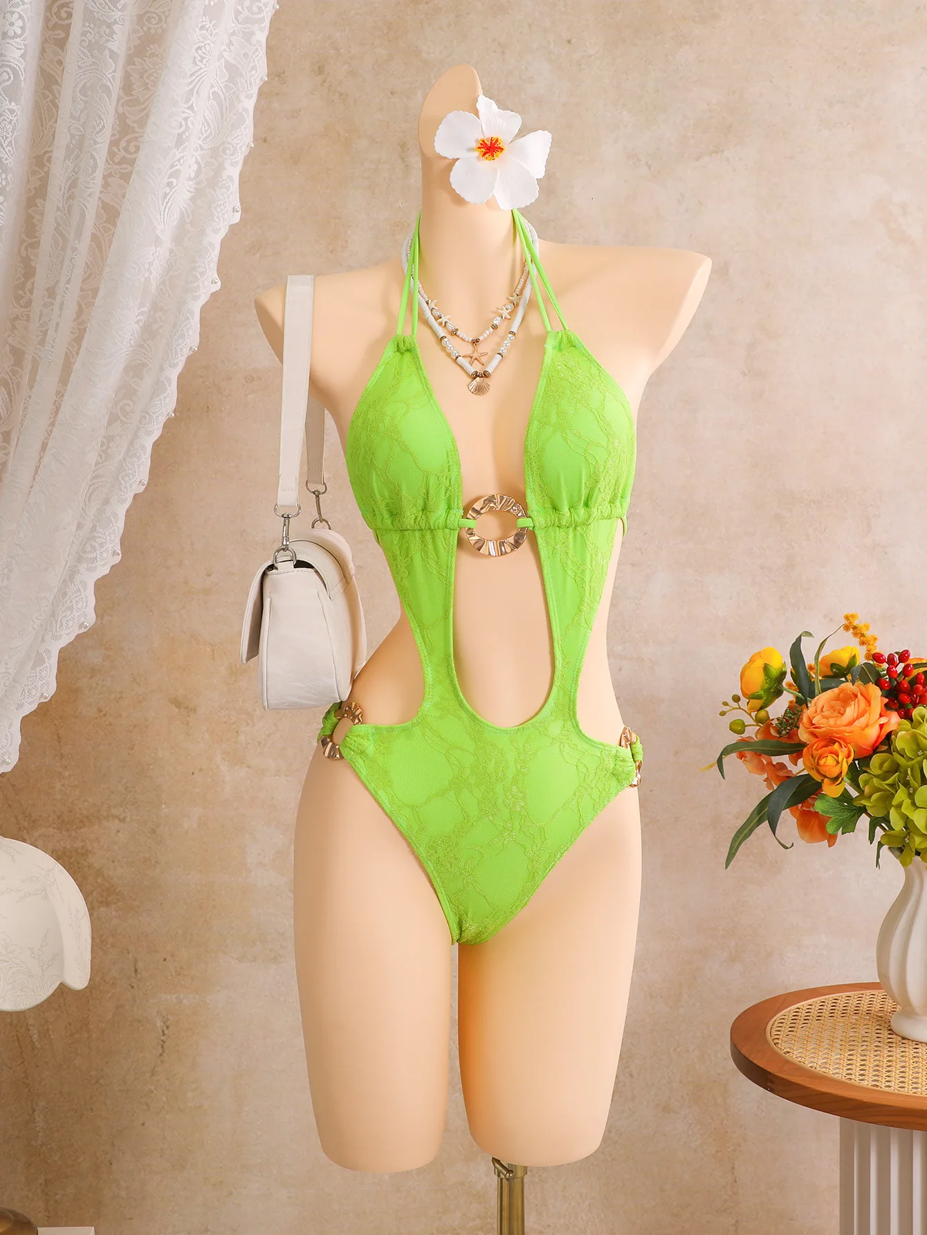 Hollow Cutout One Piece Suits Swimsuit Deep V Neck Front Large Metal O Ring Halter Tie Straps Side High Cut Leg Monokini Bikini