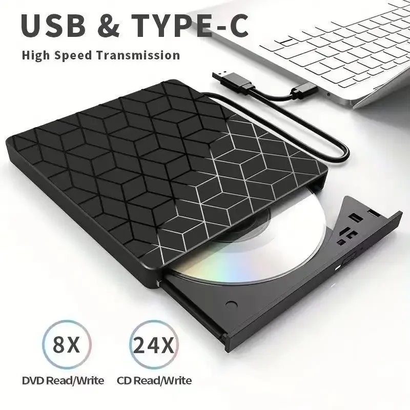 7-in-1 externer DVD-Brenner, optisches Laufwerk, USB 3.0 und Typ C, CD-DVD-Recorder, Player, Schriftsteller, tragbarer Leser für Laptop, Desktop, Notebook