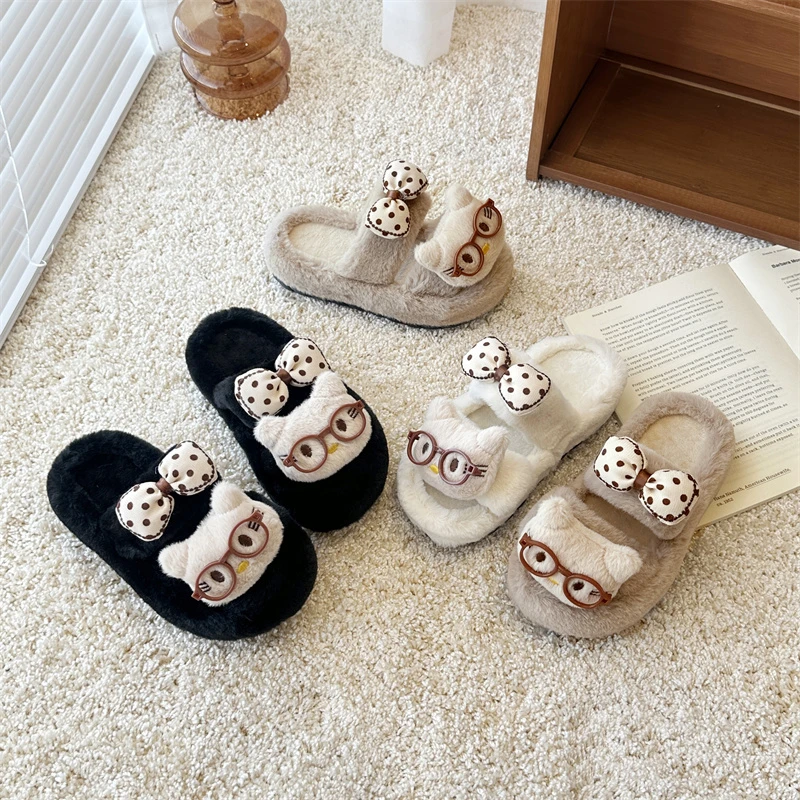 

2025 Winter New Children's Shoes with Velvet Warmth, Cute Kitten Pattern, Butterfly Bow, Flat Heel, Comfortable Cotton Slippers
