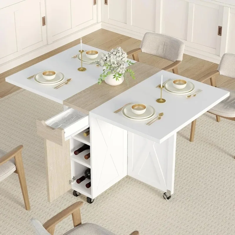 Folding Dining Table with 6 Wheels, Folding Dining Table with Two Layers of Storage Space