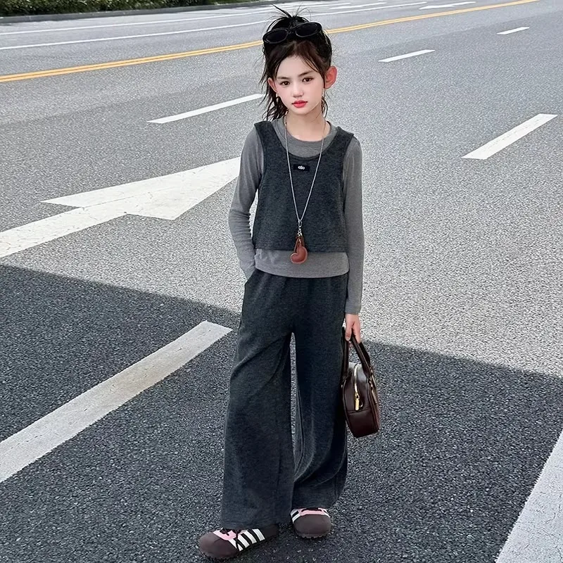 Herbst Kinder Mädchen 3-teiliges Kleidungsset UNITIM 2026 Teenager Mädchen Langarm-Weste Hosen-Outfits Junior Mädchen Weite Hosenanzüge – Detail 3