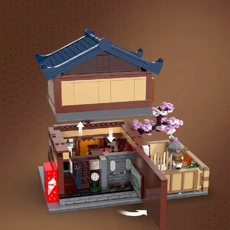 1249PCS MOC Kreative Traditionelle Japanische Yuzawa Badehaus Haus Gebäude Blöcke Stadt Street View Modulare Gebäude Modell Spielzeug