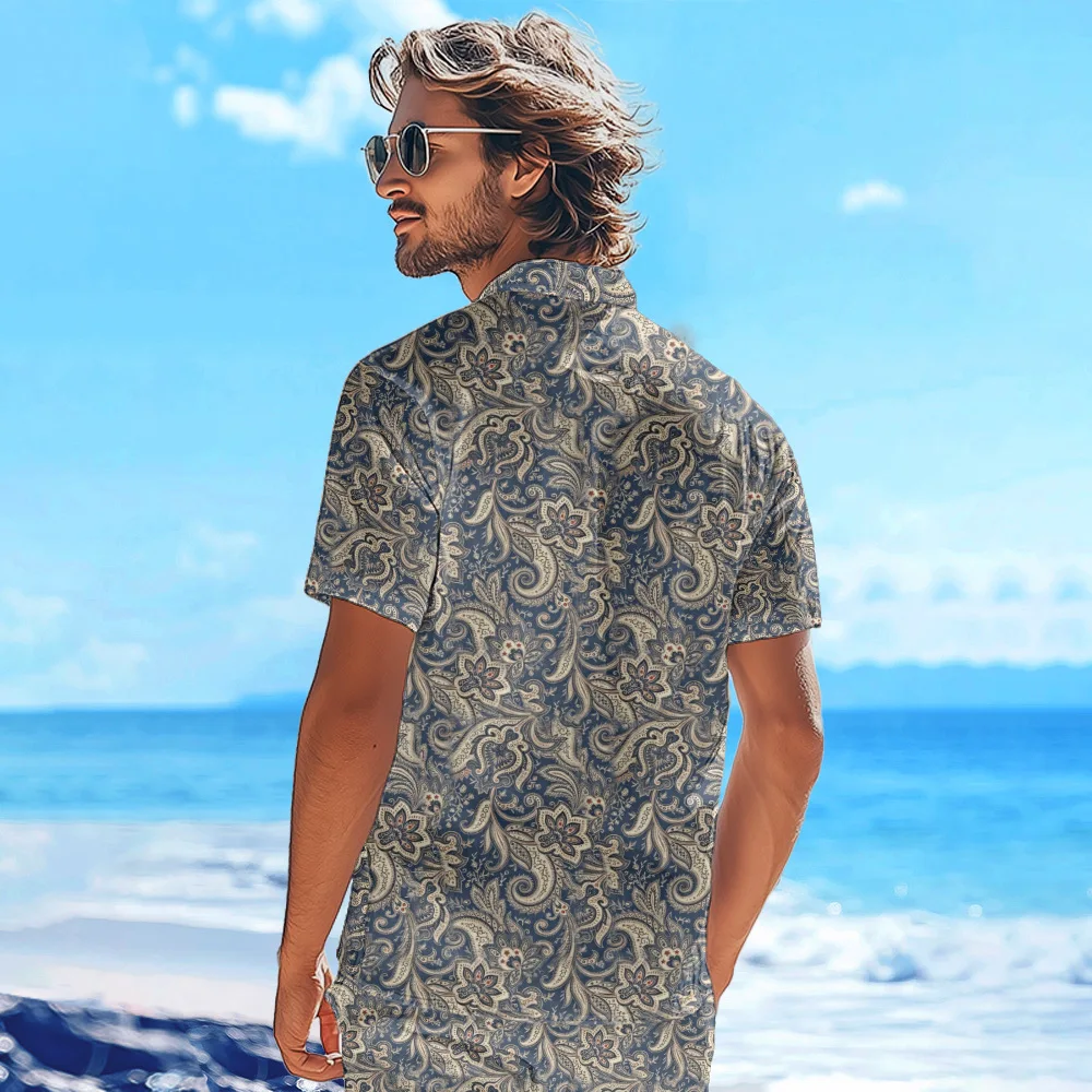 Kemeja Bunga Pria Kreatif Serbaguna Mode Kardigan Kancing Kerah Lengan Pendek Angin Liburan Pantai Hawaii Perdagangan Luar Negeri