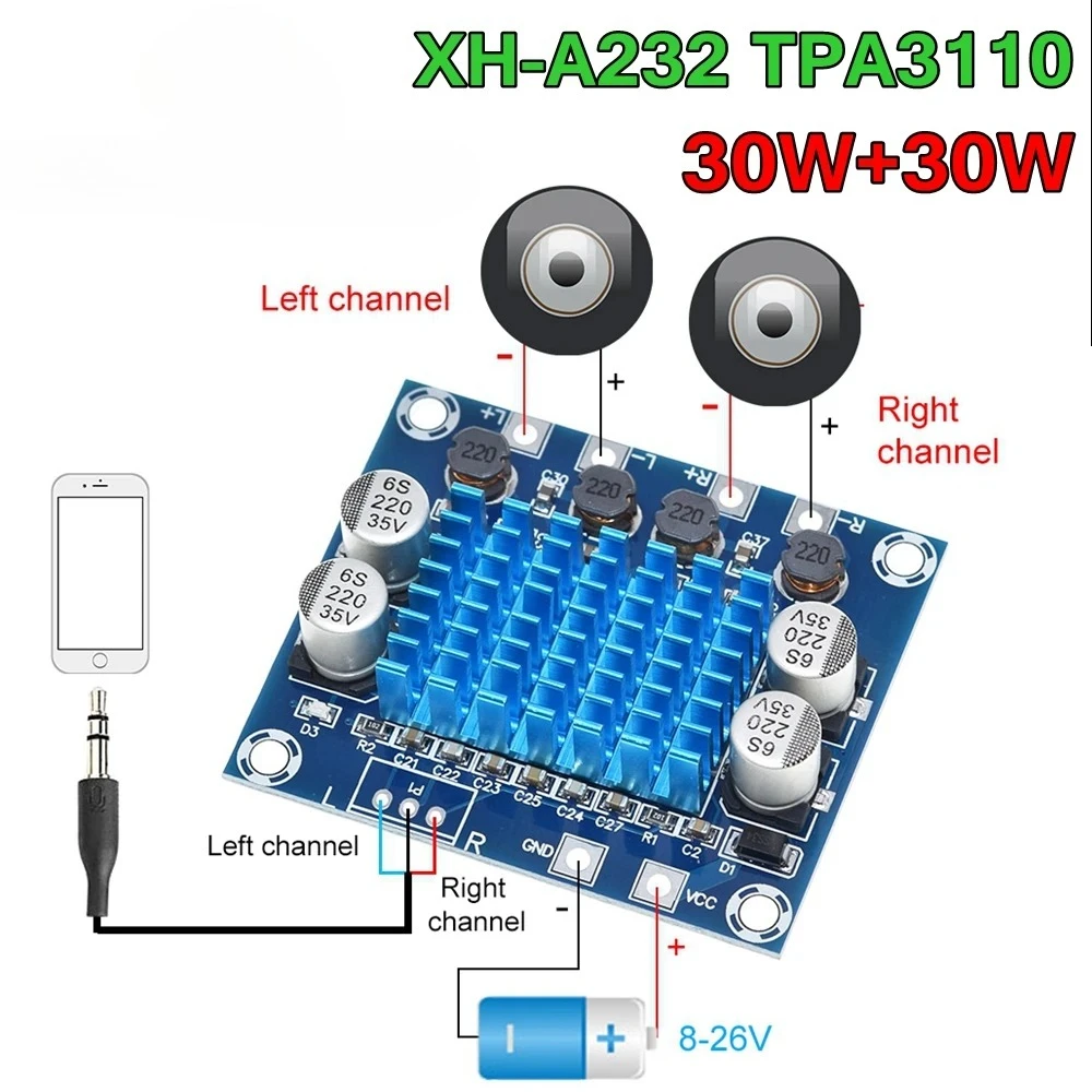 1/2/3 حزمة TPA3110 XH-A232 30 واط + 30 واط 2-قناة الرقمية ستيريو الصوت مكبر كهربائي مجلس تيار مستمر 8-26 فولت 3A