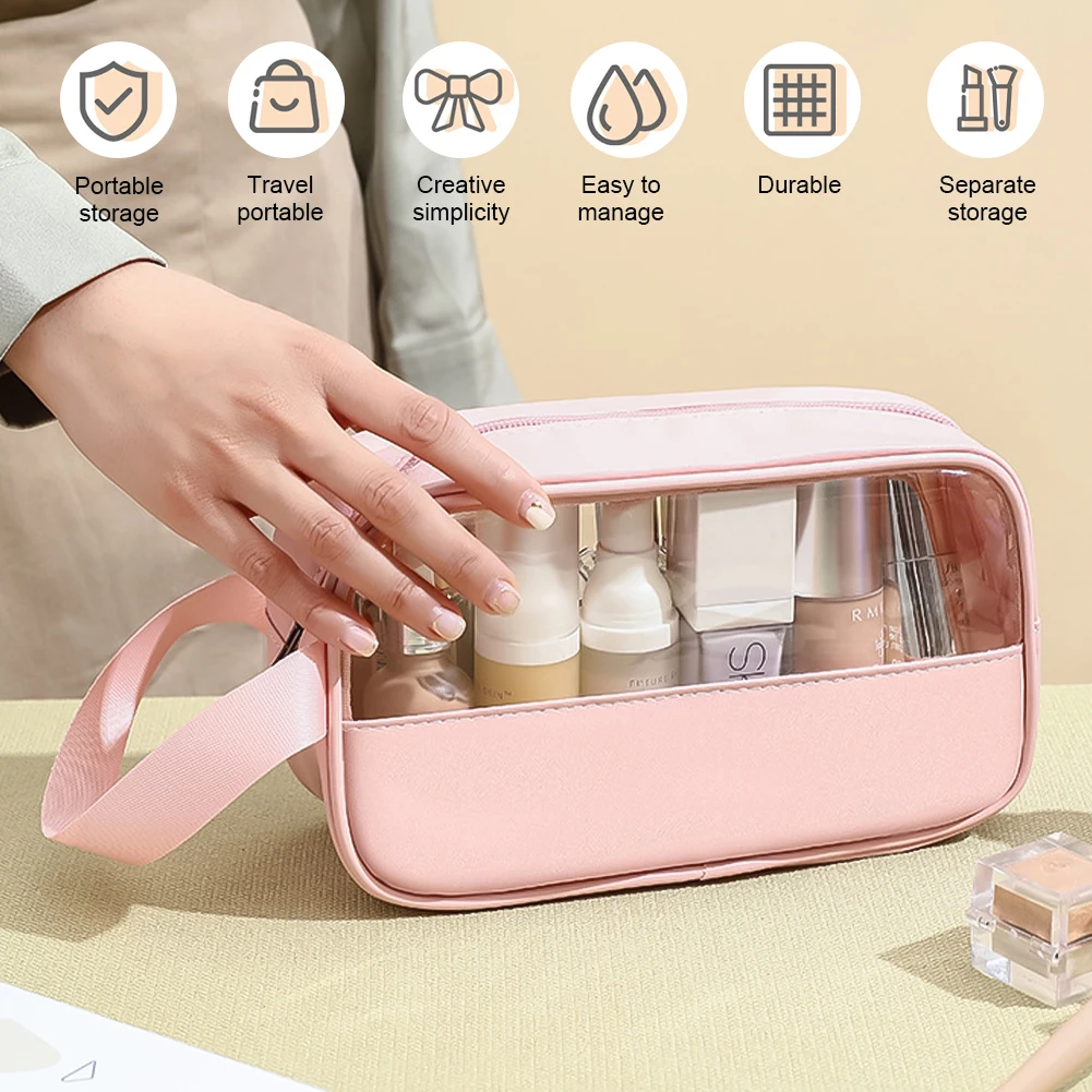 1pc PVC Splicing Makeup Bag Semi Transparent Large Capacity Bath Bag PU Waterproof Portable Travel Storage Bag