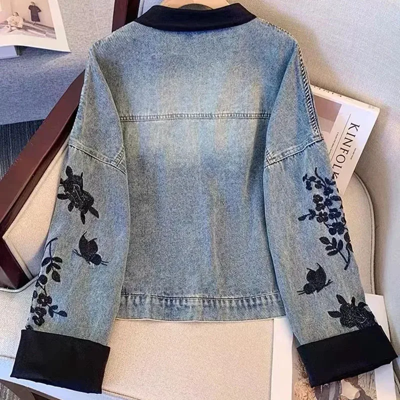 Vintage Chinesischen Stil Denim Jacke Abgeschnitten Mantel Frauen 2025 Frühling Herbst Ethnische Chic Tops Stickerei Weibliche Kleidung Neue Oberbekleidung