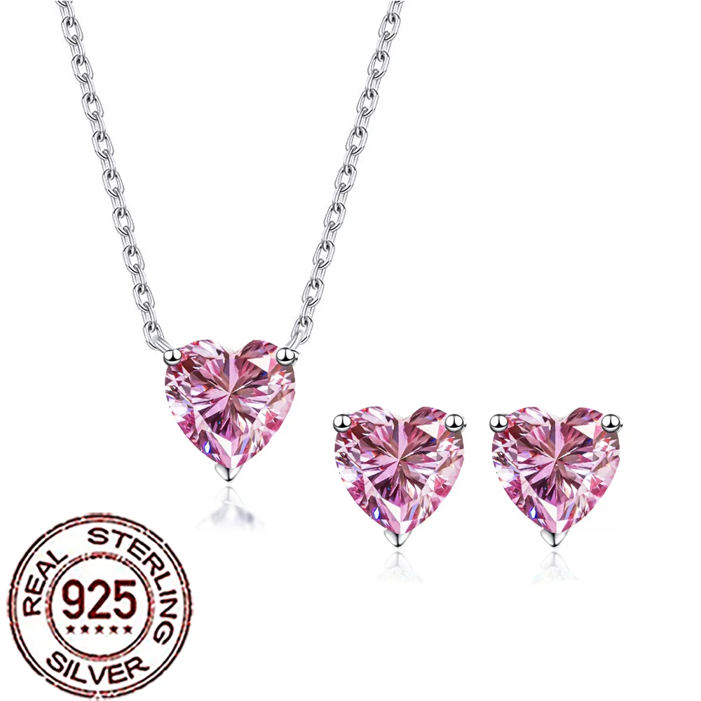 

CWWZircons 925 Sterling Silver Romantic Pink CZ Heart Shape Stud Earrings Necklace Sets for Women Wedding Decor Jewellery ST029