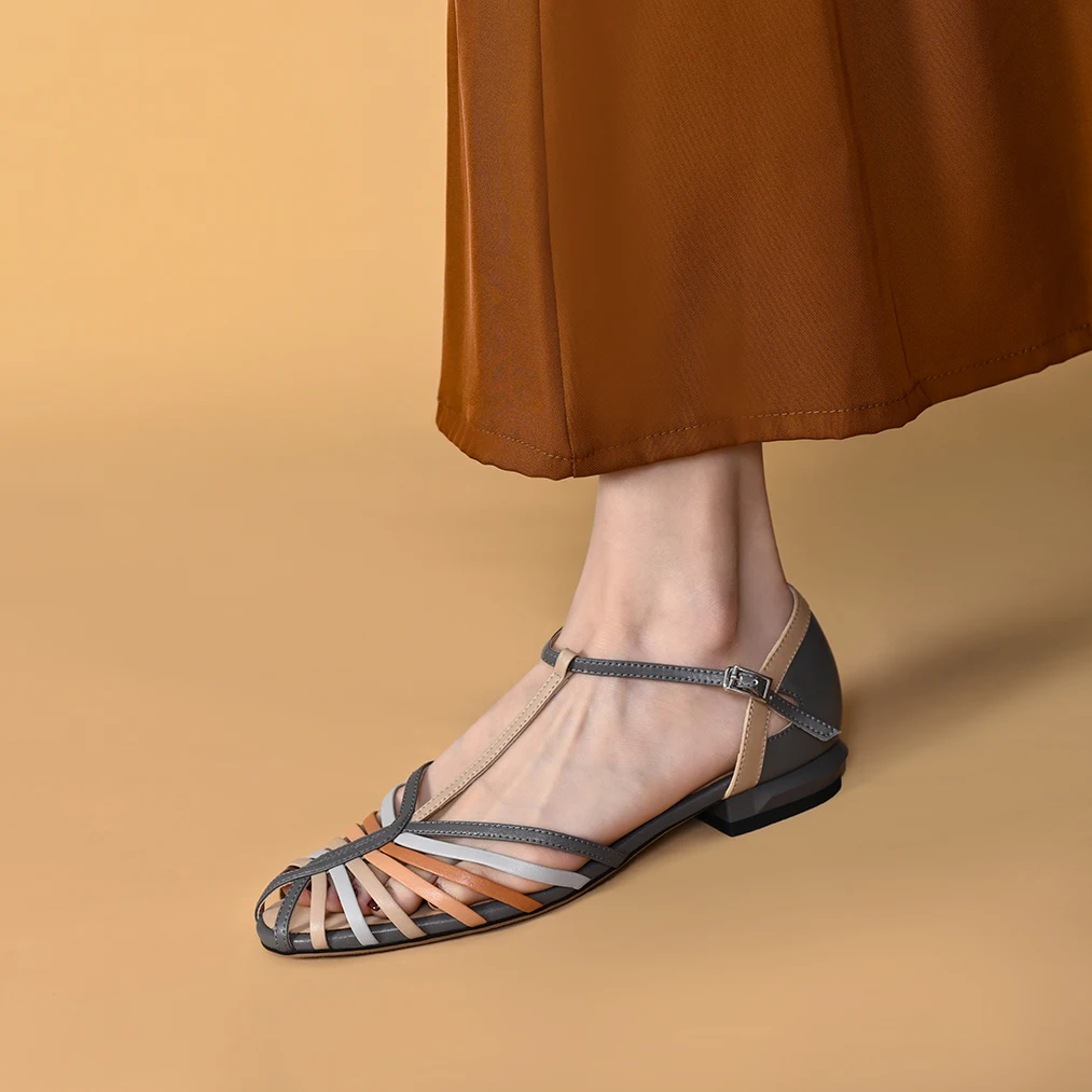 Woman Summer Sandals French Style Retro Shoes One Strap Closed Toe Sandalias Laies Cow Leather Gladiator Shoes Mixed Color