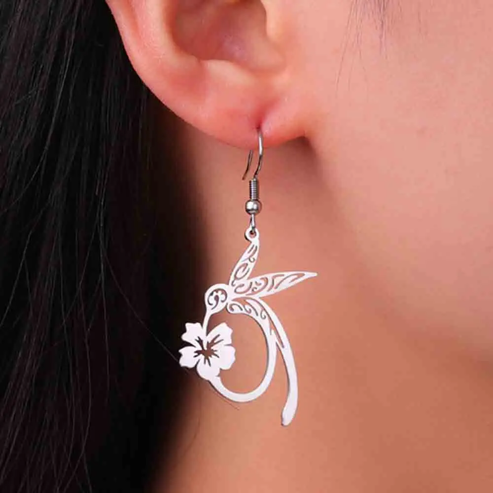 My Shape Hummingbird Earrings for Women Girls Flowers Birds Drop Earrings Fashion Jewelry Stainless Steel Earrings Woman Gifts