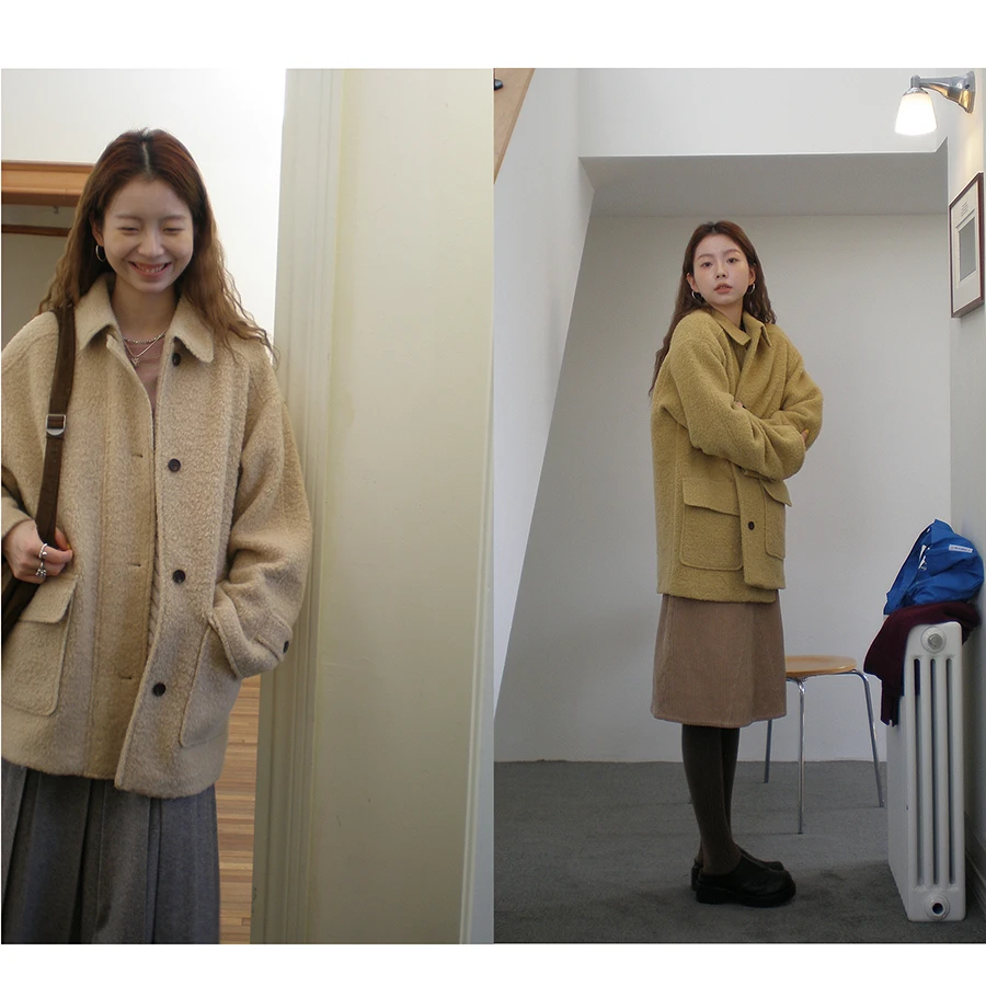 

HelloooEat 45 Woolen Coat Korean Sle Warm Medium Length Women's Outerwear Faux Fur Collar Single Button Closure Long Sve