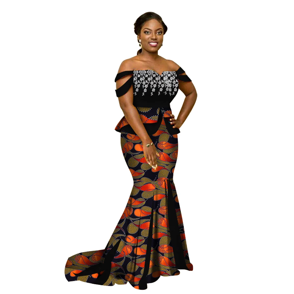 Summer Africa Style Two Piece Skirt Set Dashiki Elegant Africa Clothing Sexy Crop Top and Skirt Women Sets for Wedding WY3226