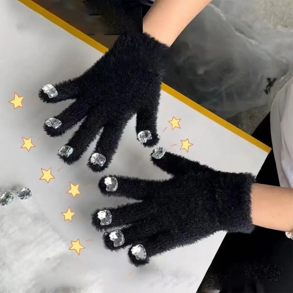 Thicken Women Knitted Gloves Imitation Rhinestone Nail Decoration Elastic Winter Gloves Warmth Soft Warm Mittens