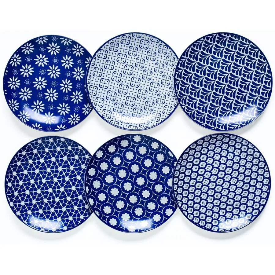 

Porcelain Dinner Plates Set of 6 8 Inch Ceramic Plates with Blue and White Vintage Design Ideal for Serving Salad Pasta Steak D