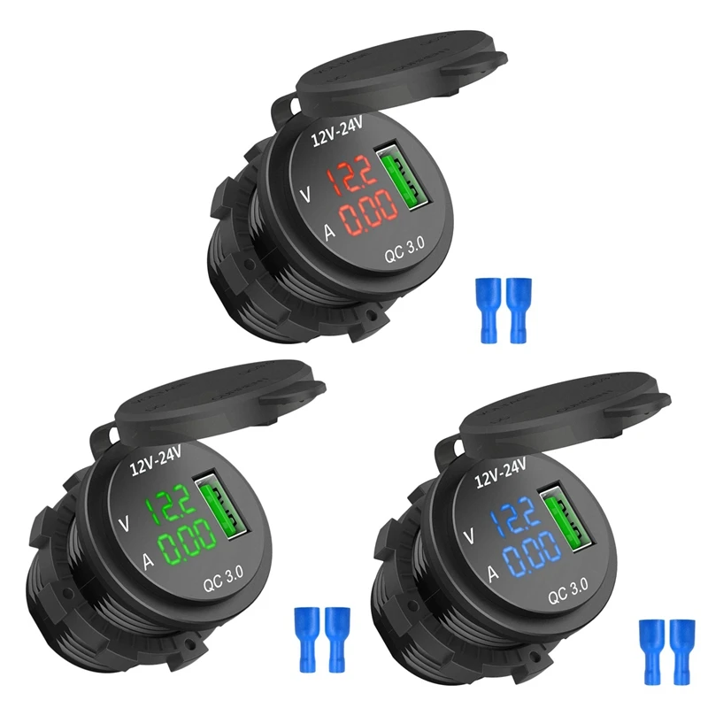 2X 12V / 24V Fast Charging 3.0 Car Cigarette Lighter Socket USB Charger LED Voltmeter Ammeter Black & Green