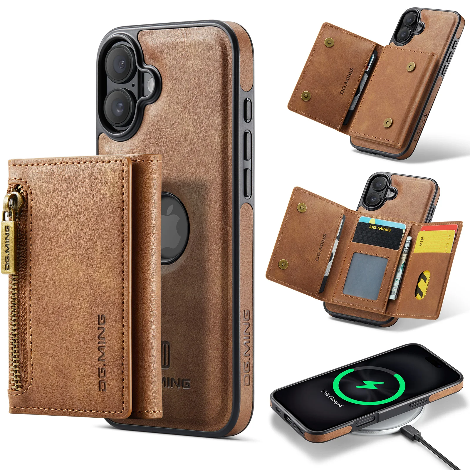 For iPhone 16 Plus Pro Max Case DG.MING 2 in 1 Magnetic Detachable Leather Wallet Phone Cover M5