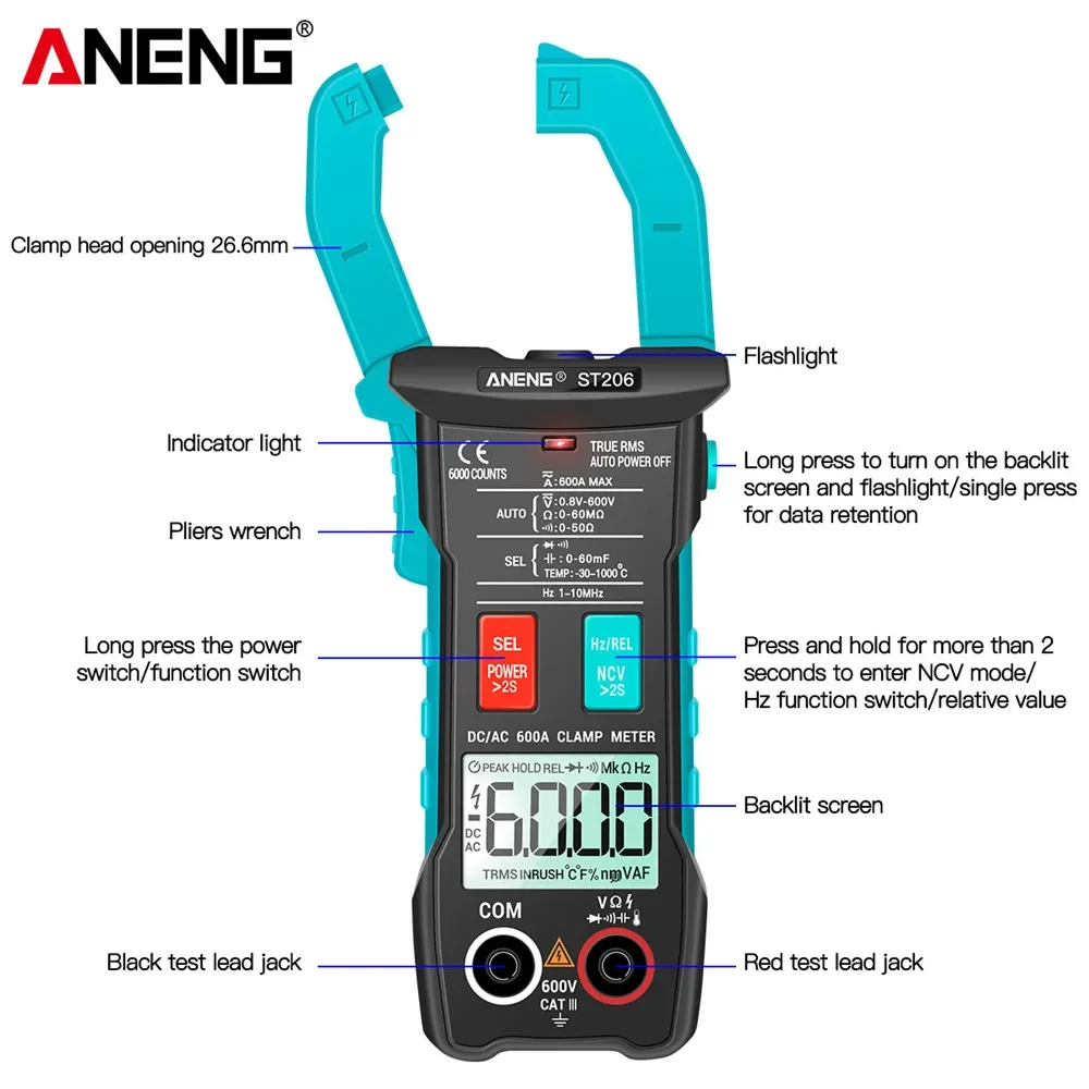 Aneng st206-電流クランプ,6000カウント,真のrmsアンプ,dc/ac電流測定,電流計テスター,電圧計,デジタルマルチメーター