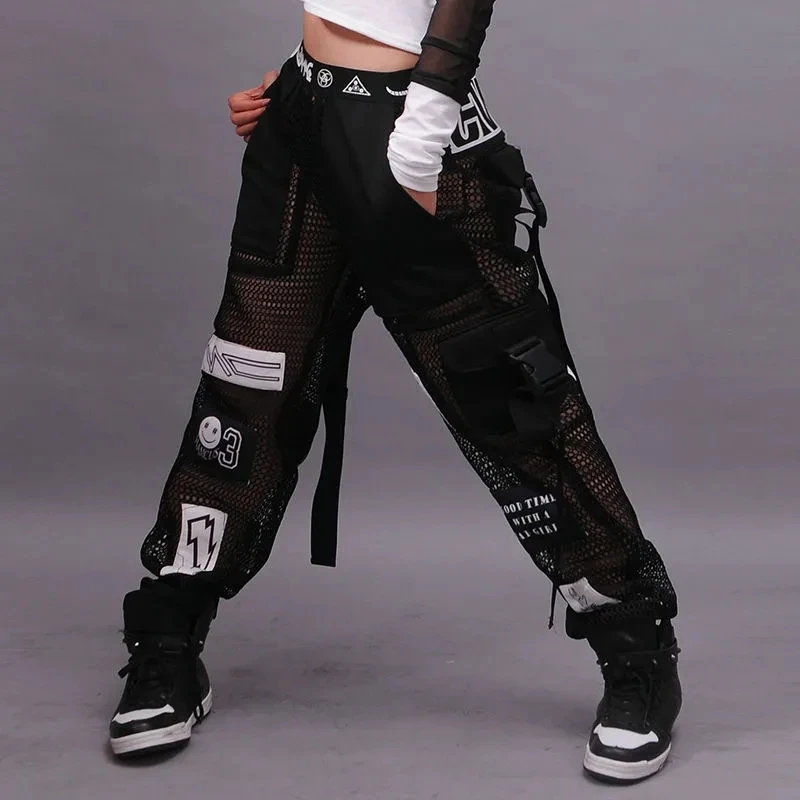 HIP Hop Live Show Dance Trousers Elaistc Waist Pants Net Hole See Through Pocket Patches Featured