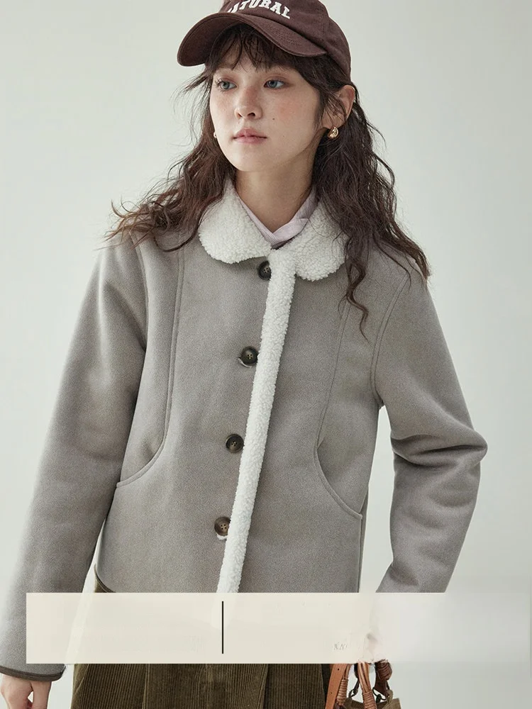 

AMUU Original Korean Sle Retro Lamb Velvet ort Coat Women's Winter New Collar Warm Top Loose Fit Button Design Fce Lined