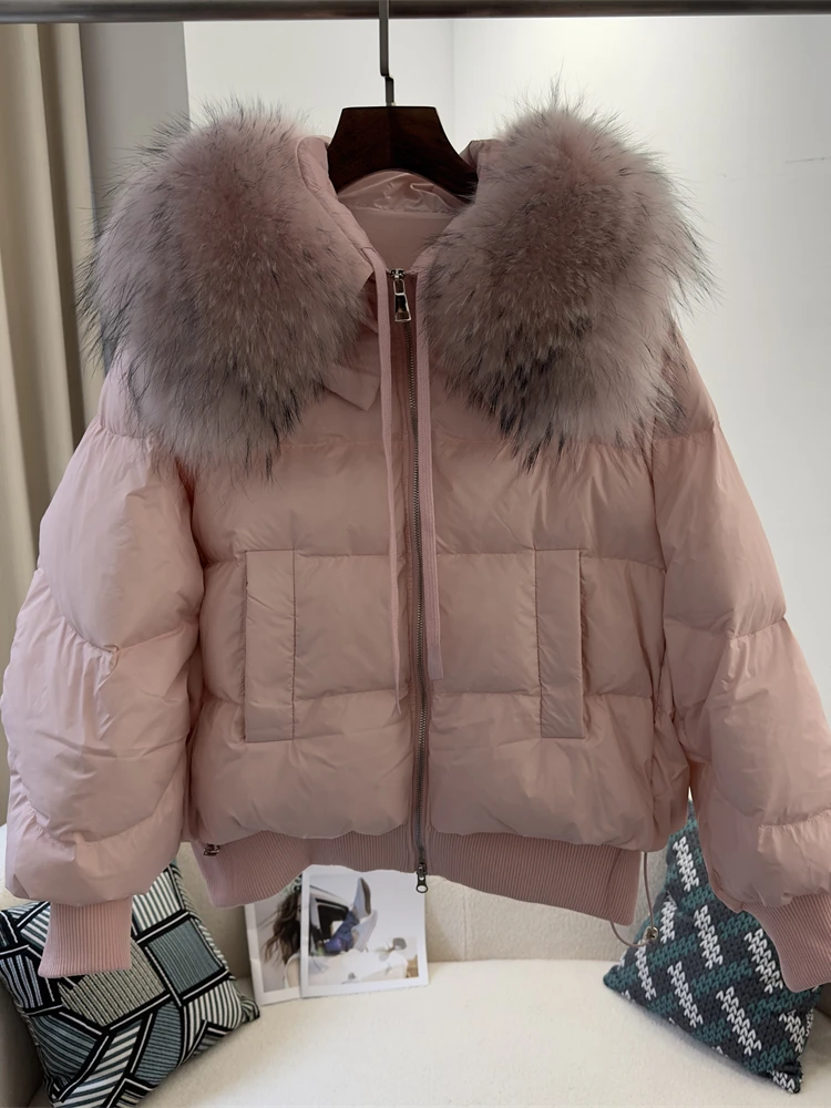 

Women Loose Thick Warm Duck Down Coat 2025 Natural Real Big Raccoon Fur Collar Winter Jacket Outerwear Streetwear Luxury