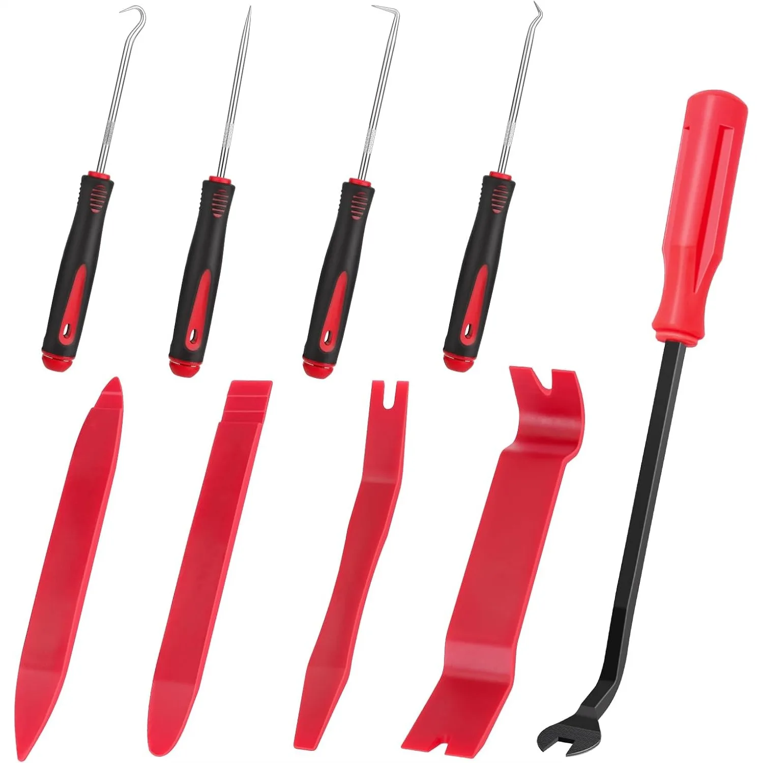 

Auto Trim Removal Tool Set with Pry Tools and Fasteners Remover, 9-Piece Red Kit for Car Door Panels and Oil Seals
