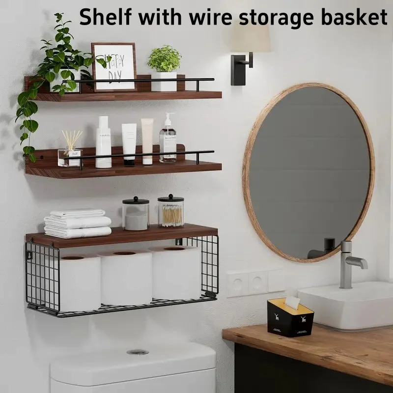 Bathroom Rack Kitchen Bedroom Bathroom Storage Rack Floating Shelf with Wire Storage Basket Bathroom Rack Furniture Accessories