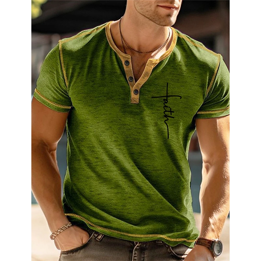 

Summer Faith Letter 3D Print Henley Shirts Men's Fashion Streetwear Oversized Button Short Sleeve T Shirt Tees Tops Man Clothing