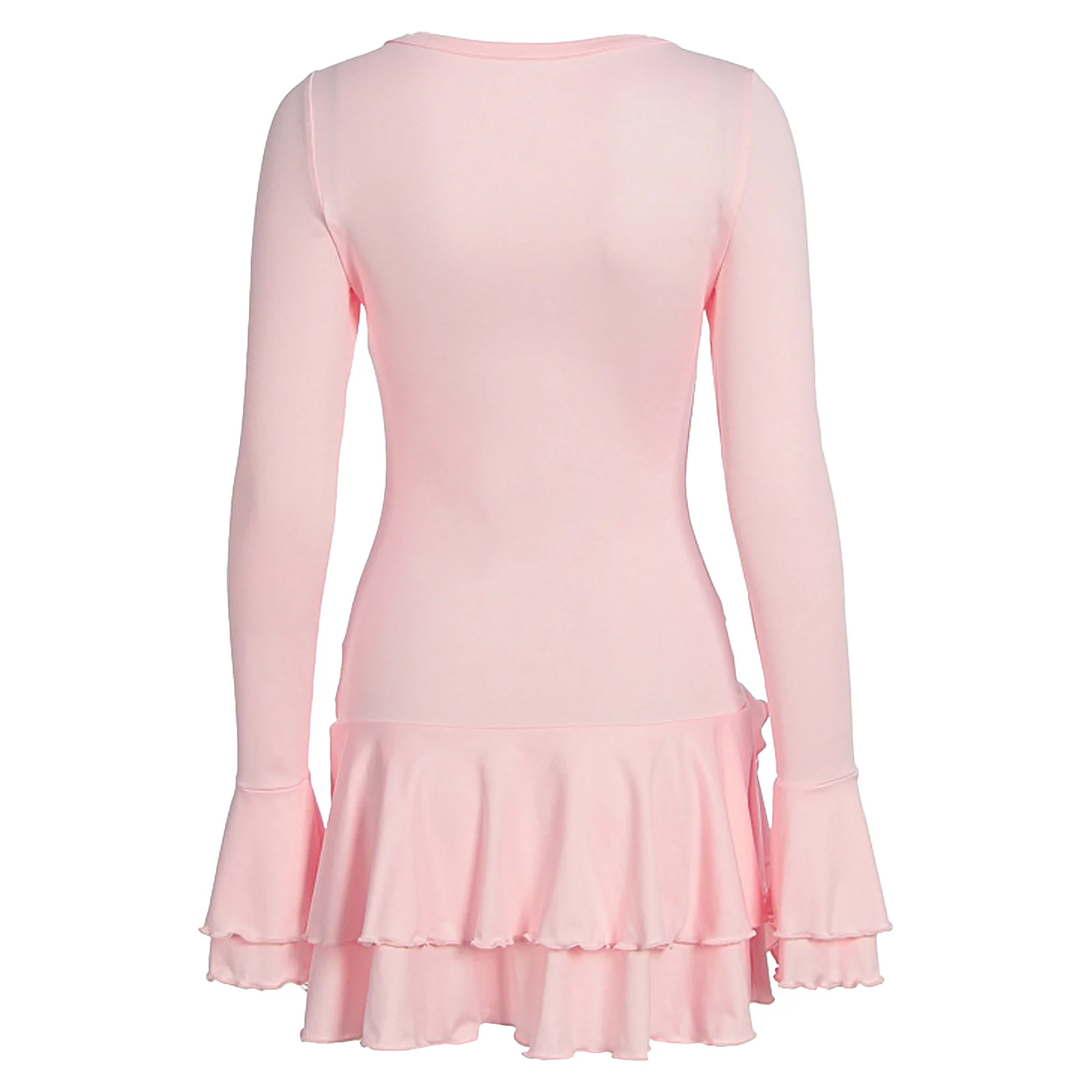 Minivestido feminino com babados na frente, manga comprida com botões e punhos alargados, bainha com babados em camadas para uso casual diário