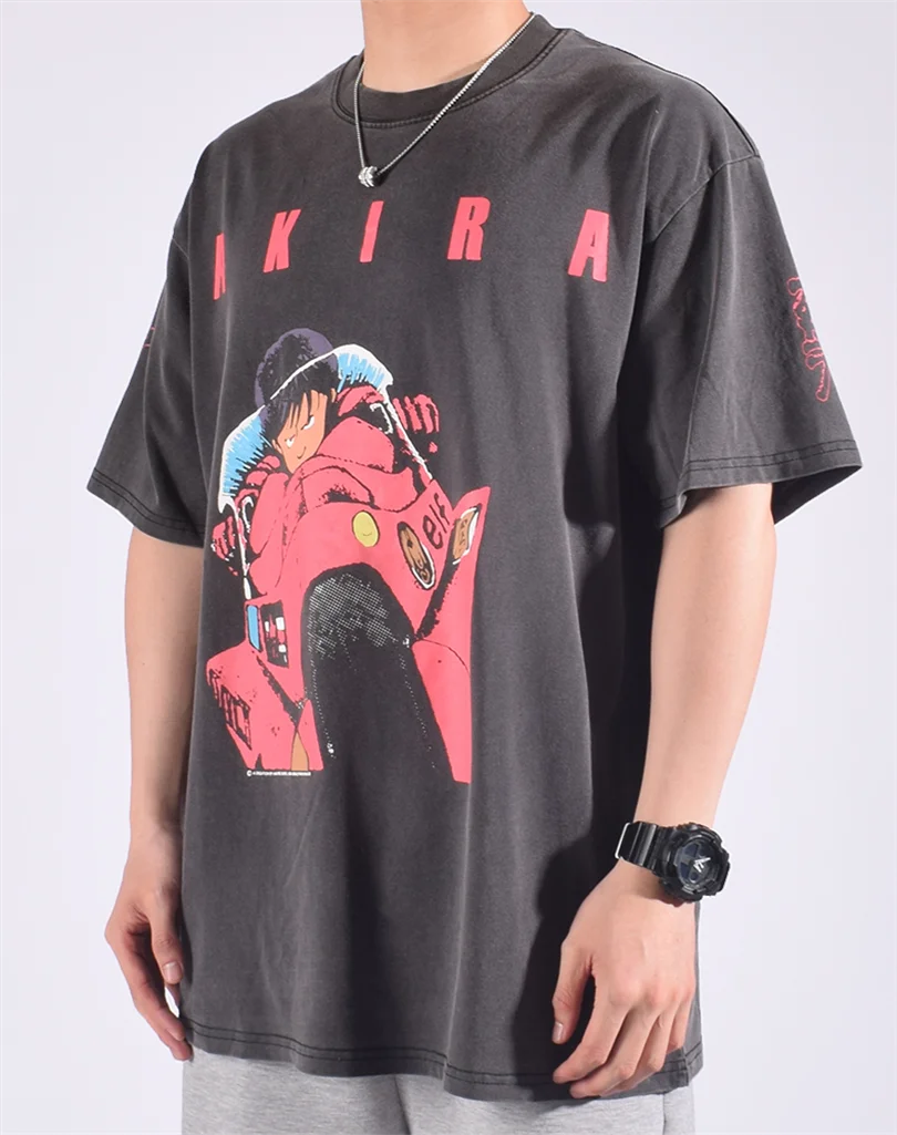 

Niche Fashion Brand AKIRA Short Sleeve Tops High Quality Creative Personality Print T-shirts Washed Black Cotton Akira Tee