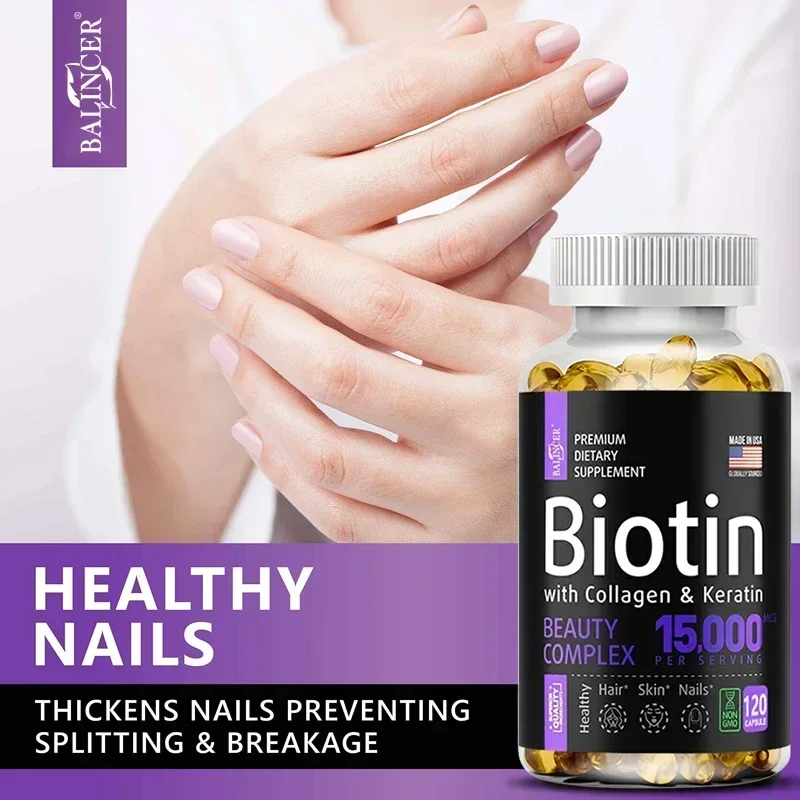 Biotin Capsules 15,000 MCG - Increase Healthier, Shinier Hair, Skin & Nails- 30 To 120 Capsules with Biotin Collagen A & B