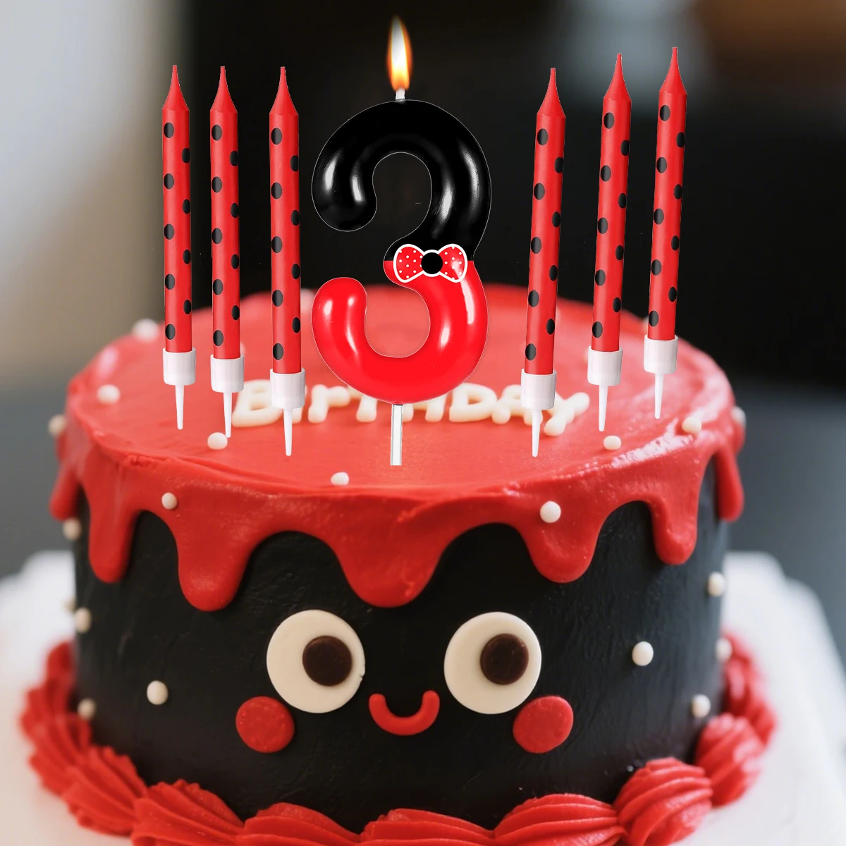 7pcs Black Red Bow Birthday Candles for Boys Girls, Red Mouse Number 0-9 Cartoon Themed Birthday Party Cake Decorations Supplies