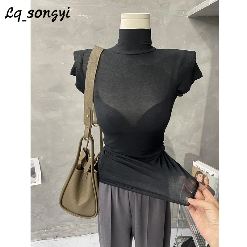 

Lq_songyi Sexy Turtleneck T Shirts Women Summer Spring High Strech Top Basic Tops Short Sleeve Solid Thin See-through T Shirts