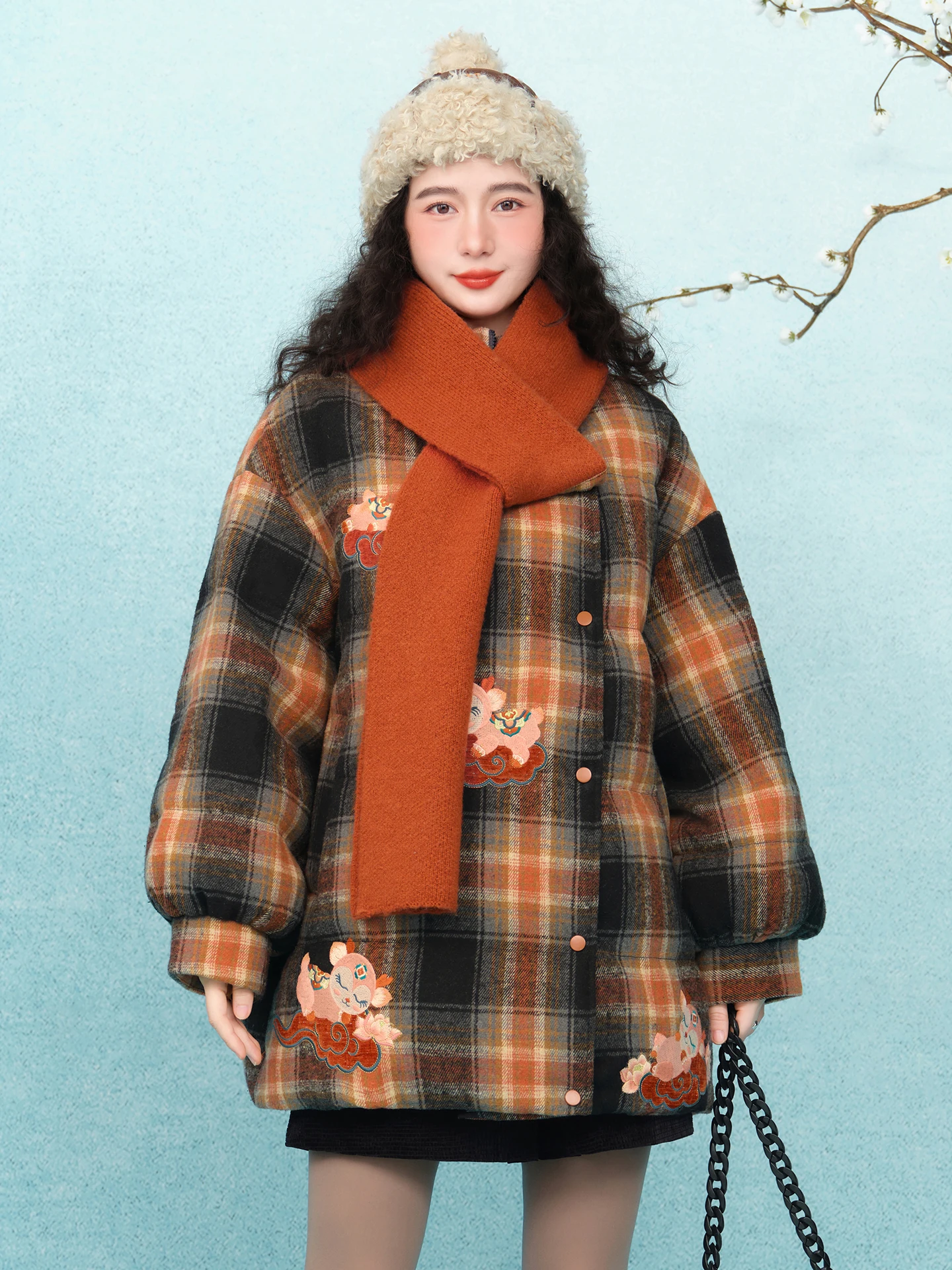 

Женское пальто Su Luo с отстегивающимся вышитым шарфом, в клетку, в китайском стиле, прямого кроя, удлиненное, теплый фасон...