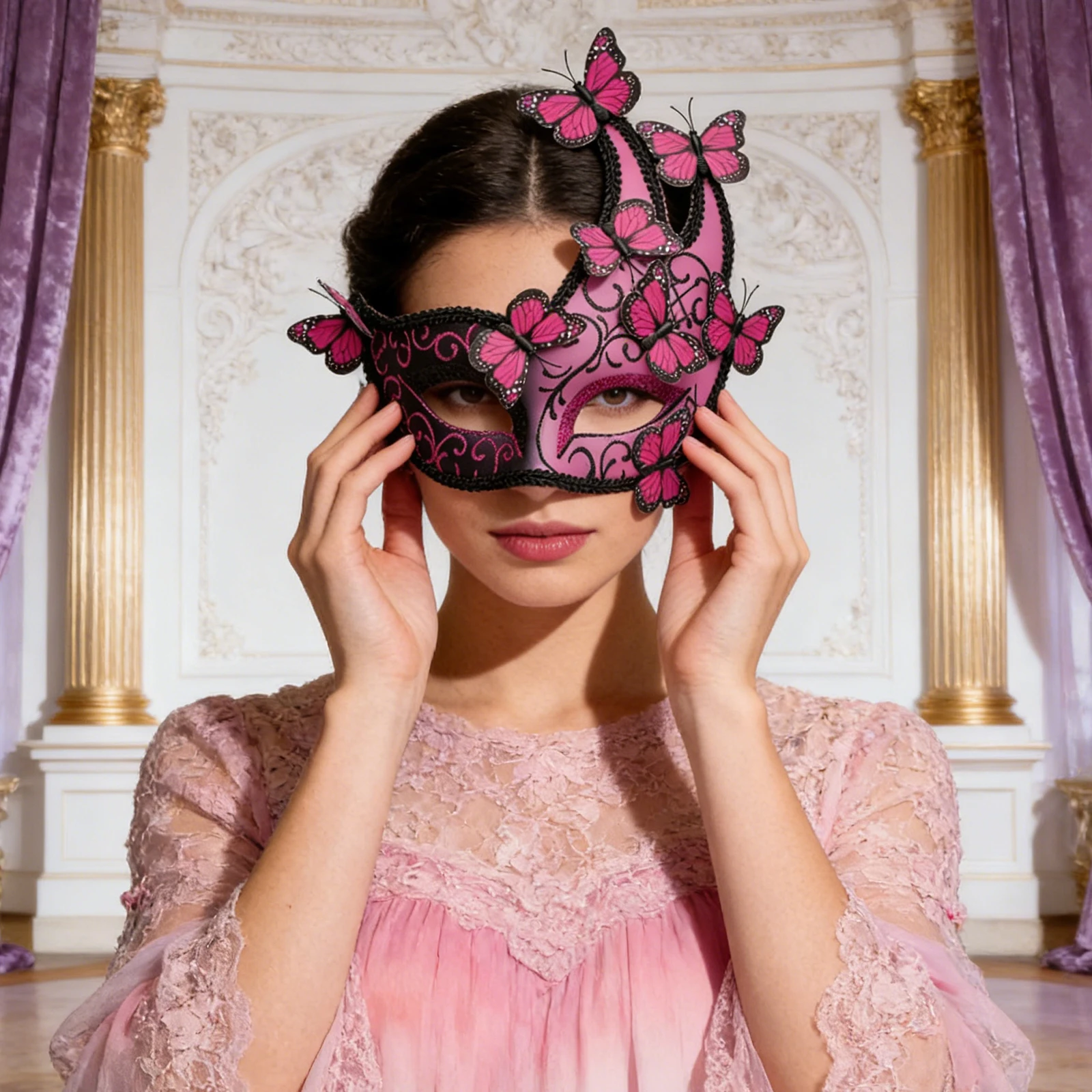 Máscara de Carnaval Veneziano Rosa com Borboleta, Máscara Decorativa de Renda Preta Luxuosa para Festa e Acessório de Fantasia de Halloween
