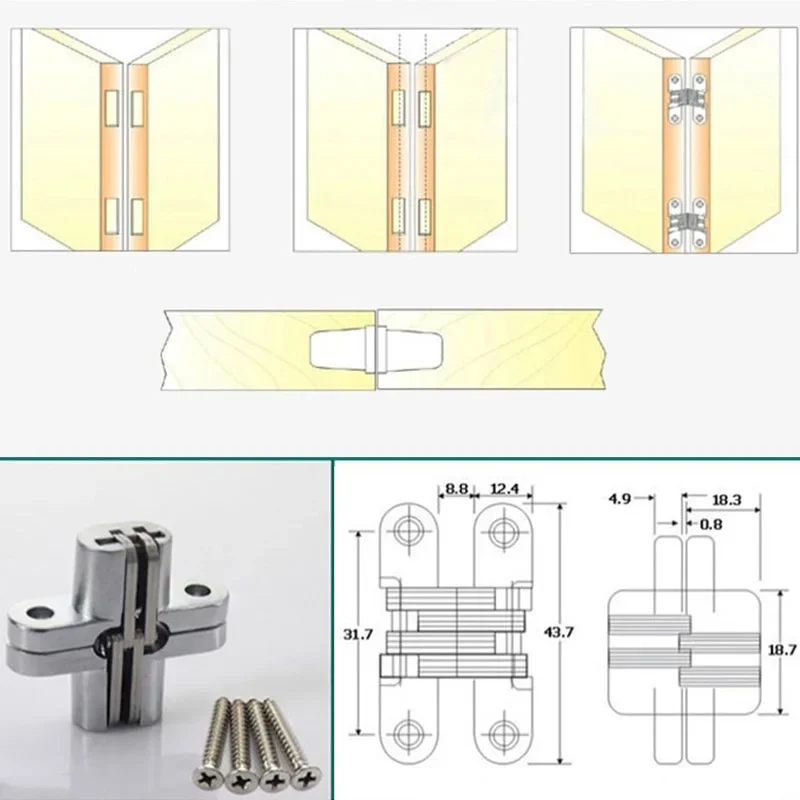 

2 PCS Invisible Cross Hinges For Wood & Aluminum Doors, Zinc Alloy Concealed Cabinet Hinge With Screws, 13x45mm For Boxes Tables