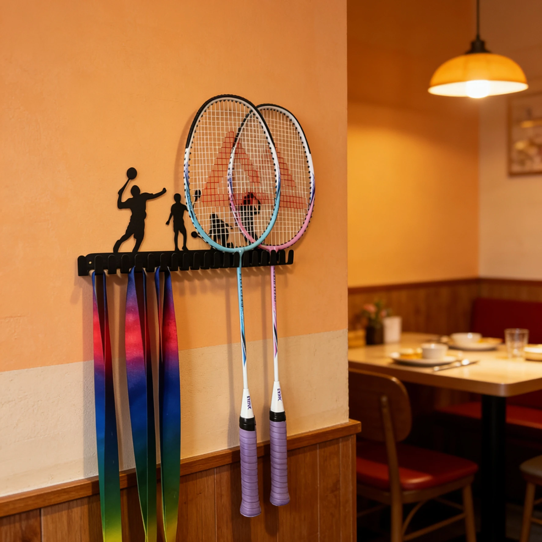 no-drill-sticky-wall-mounted-badminton-racket-storage-rack-tennis-racquet-living-room-decorative-iron-metal-organizer-holder