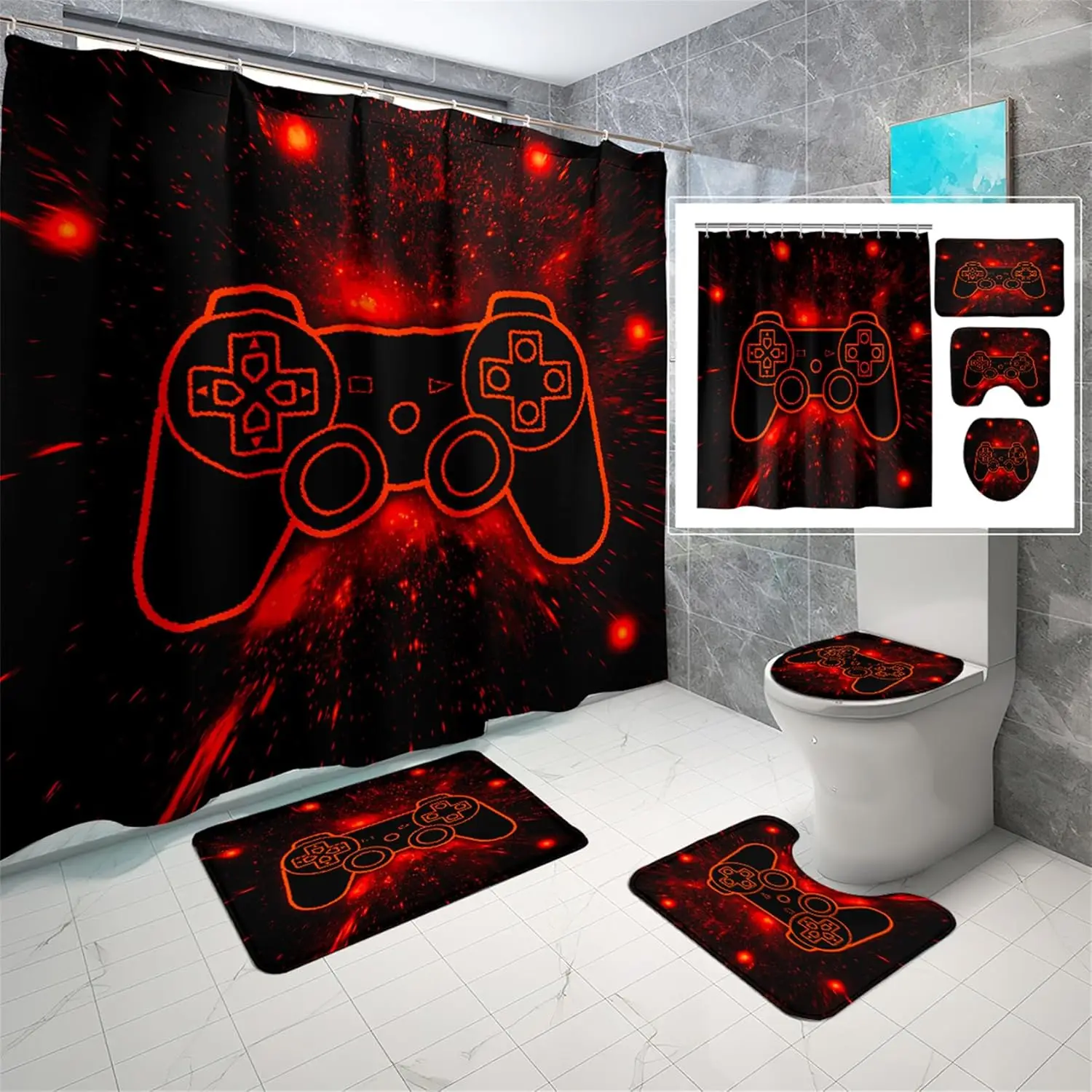

4 Pcs Game Shower Curtain Set for Boys - Gamer Controller Bathroom Sets Boys, Gamepad Shower Sets with Curtain and Rugs