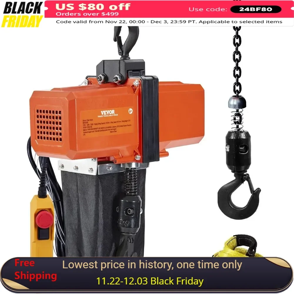 1100 lbs Electric Chain Hoist , 120V Electric Hoist, Single Phase Overhead Crane with G100 Chain, 10 ft Wired Remote Control