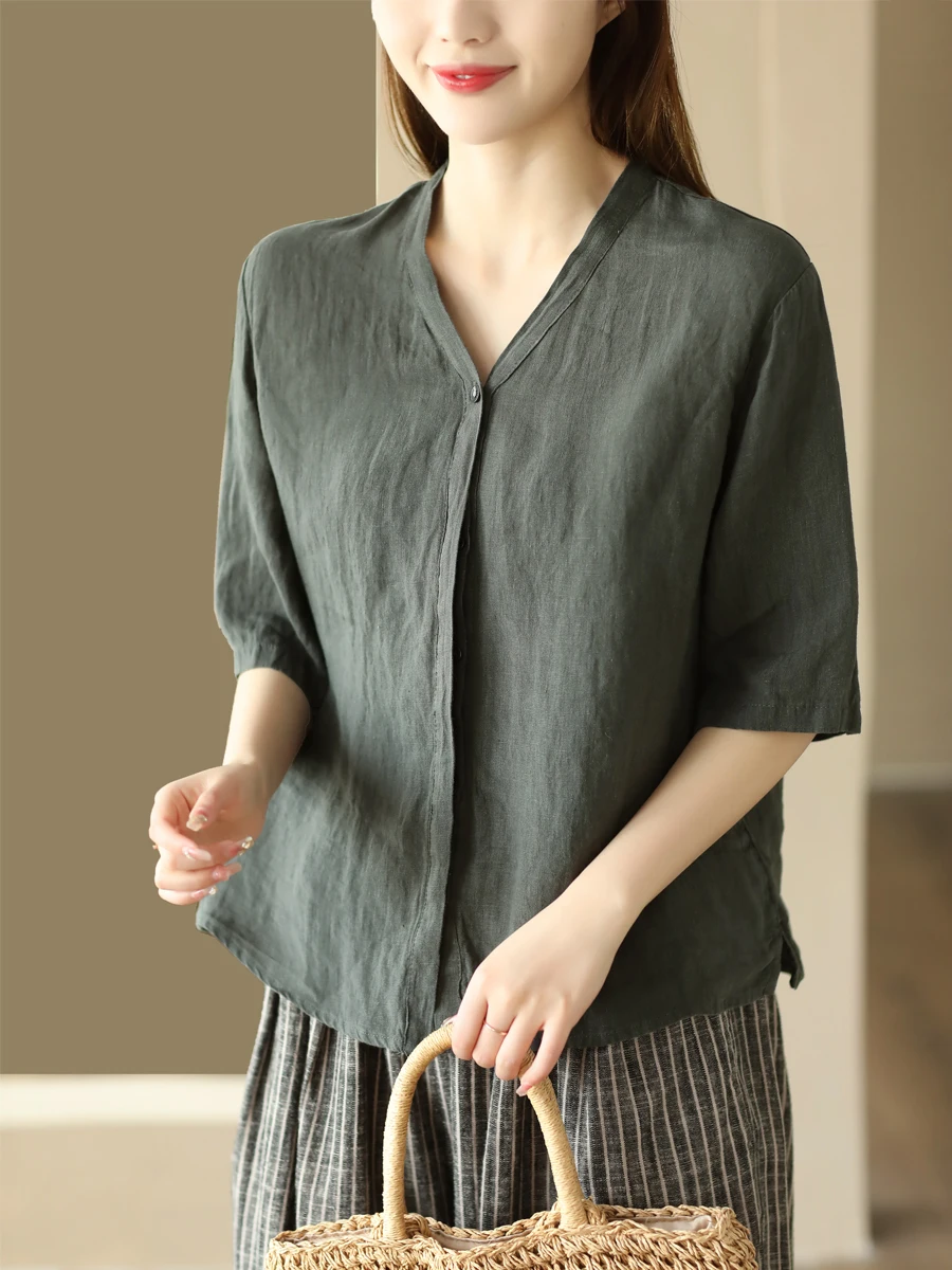 

Retro Waed Linen V-Ne Loose Casual Svel Open Cardigan irt for Women Comfortable Breathable Spring Autumn Top