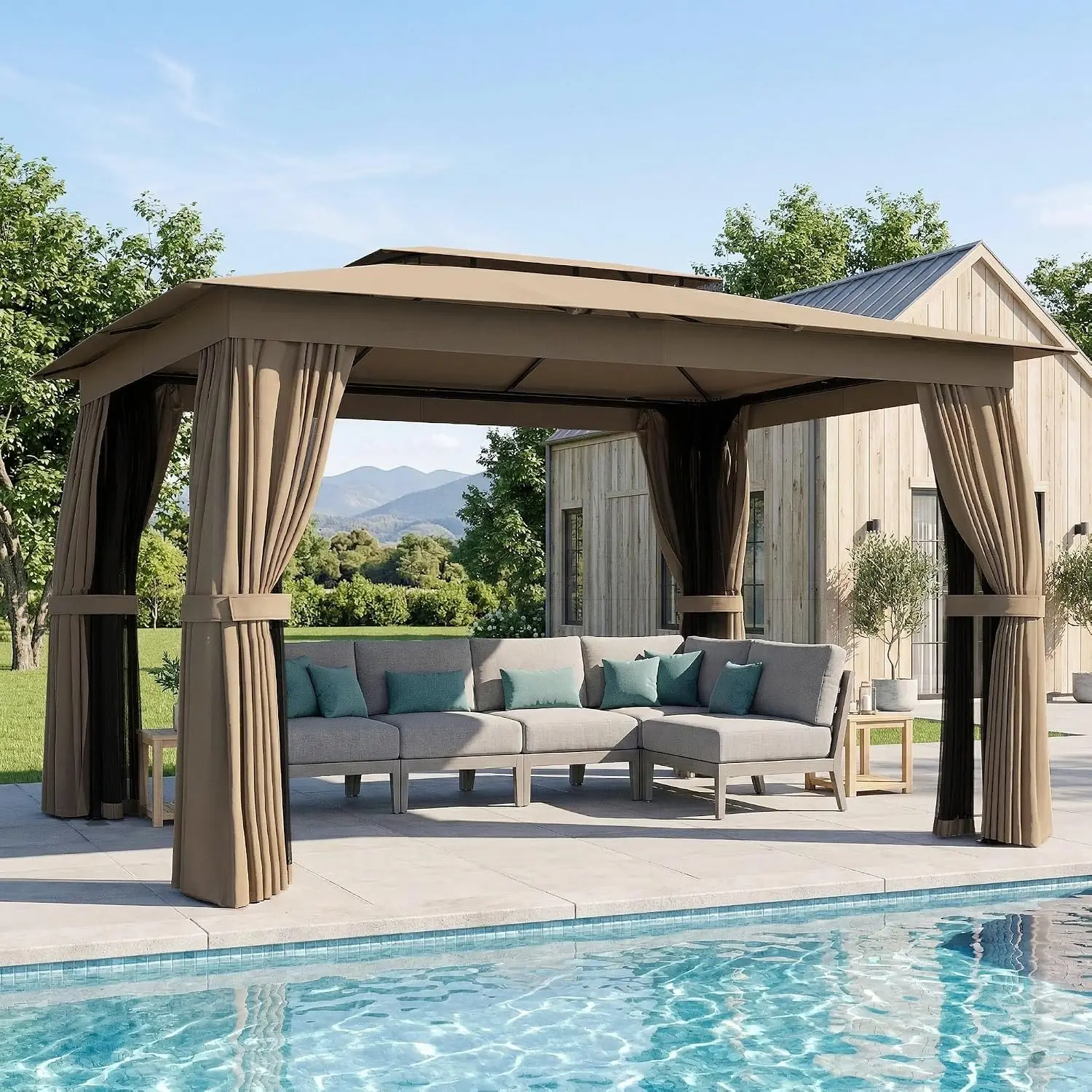10' x 12' Outdoor Patio Gazebo with Double Roof, Khaki | Heavy Duty Gazebo Canopy Shelter, Curtains, Netting, Steel, Customized